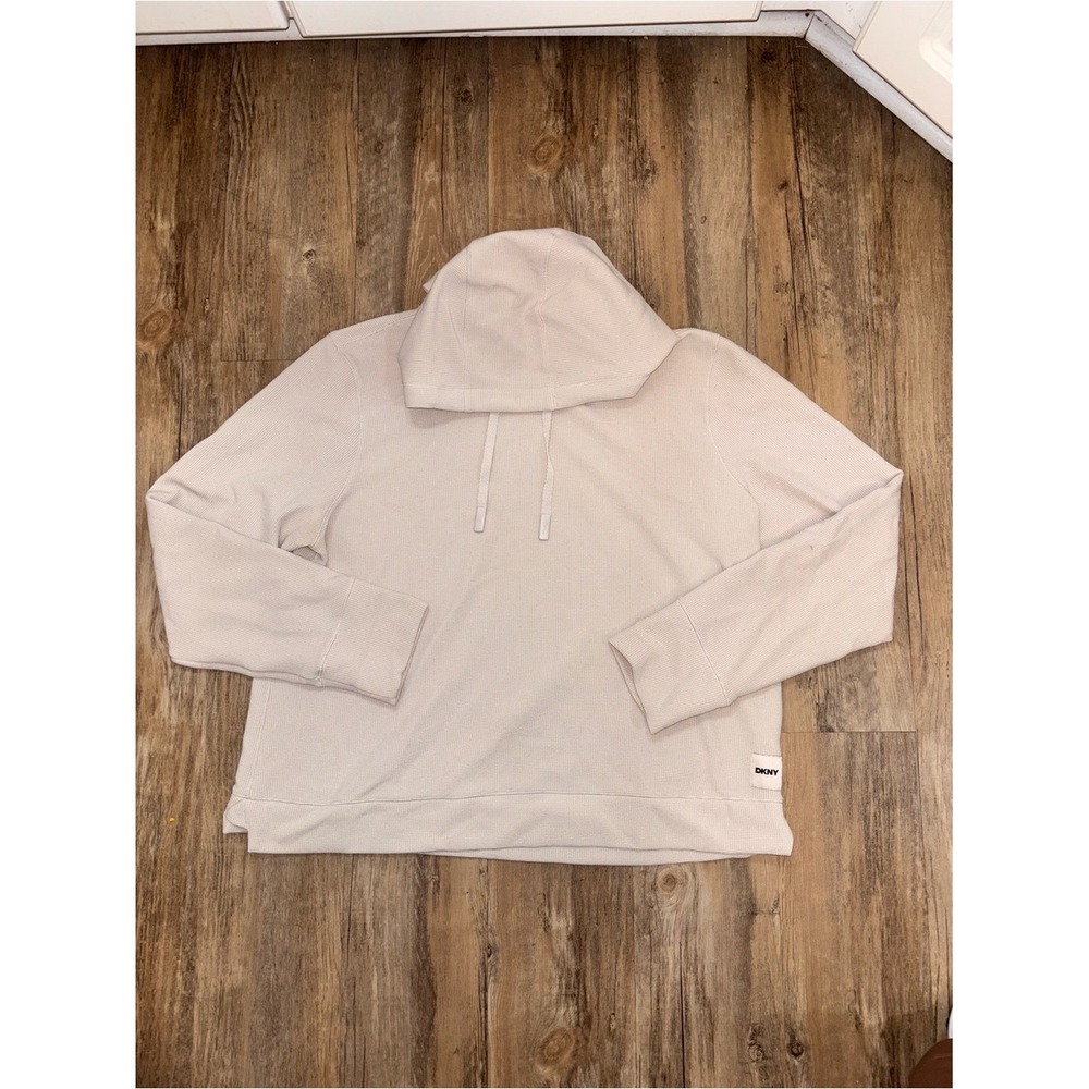 DKNY Womens Cream Tech Waffle Hoodie Sweatshirt Relaxed Fit Athleisure Size L